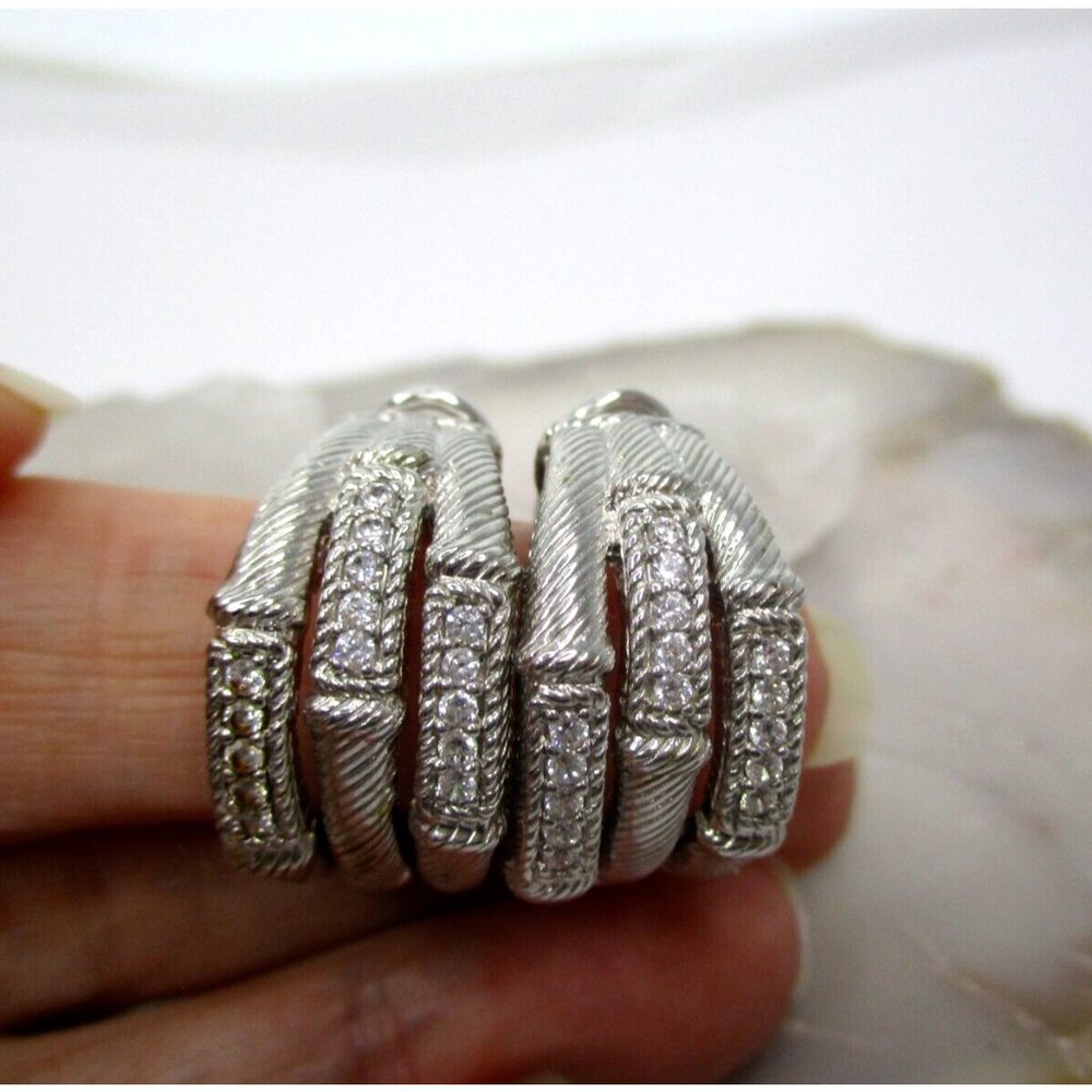 Judith Ripka Sterling Silver Diamonique CZ Clip On Triple Hoop Earrings